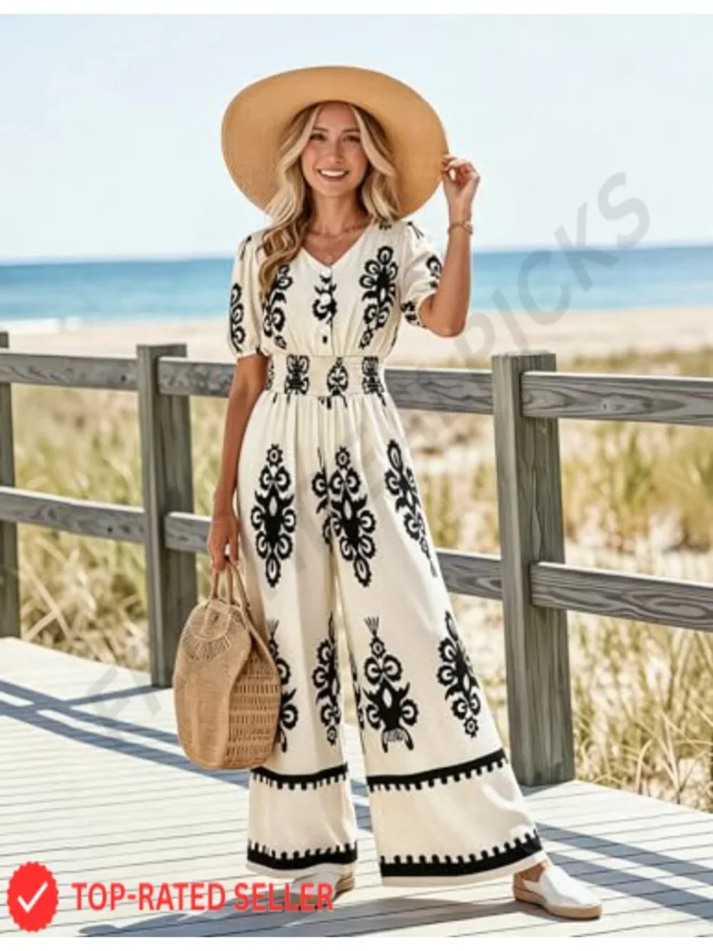 Women's V-Neck Wide Leg Jumpsuit with Pockets, Smocked Waist
